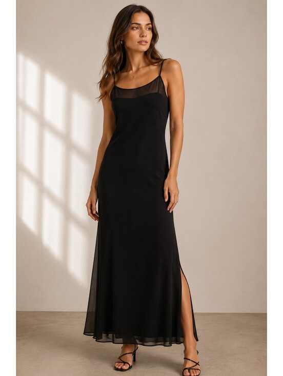 Donna Ricco Dresses & Skirts - Donna Ricco Black Sheer Mesh Slip Dress Maxi Double Slit Minimalist Petite Large